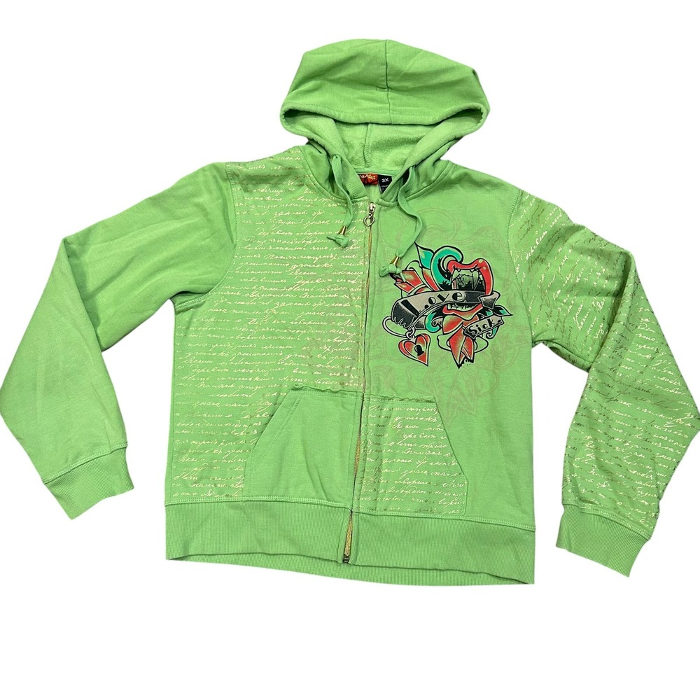 Y2K Cyber Grunge Lime Green Zip Up Ed Hardy Style Love Sick Size